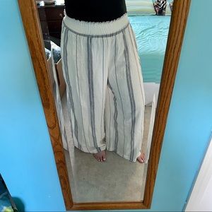 NEW White Blue Stripe Faux Linen Stretch Comfy Flowy Pants Lightweight Beachy M